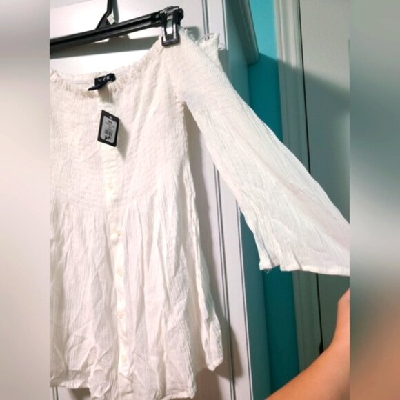 White Off-Shoulder Smocked Peasant Cottage Core Flounce Long Sleeve Crepe Top - Picture 7 of 11